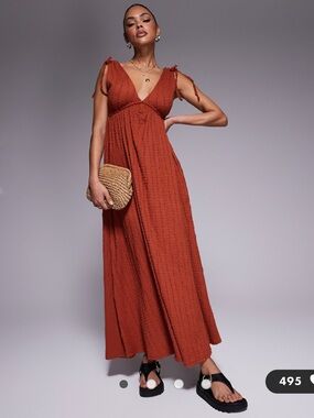 ASOS Rust Textured Maxi Dress with Tie Shoulder Straps